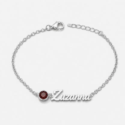 Bransoletka z imieniem i kamieniem urodzeniowym — Styczeń — Granat — srebrna