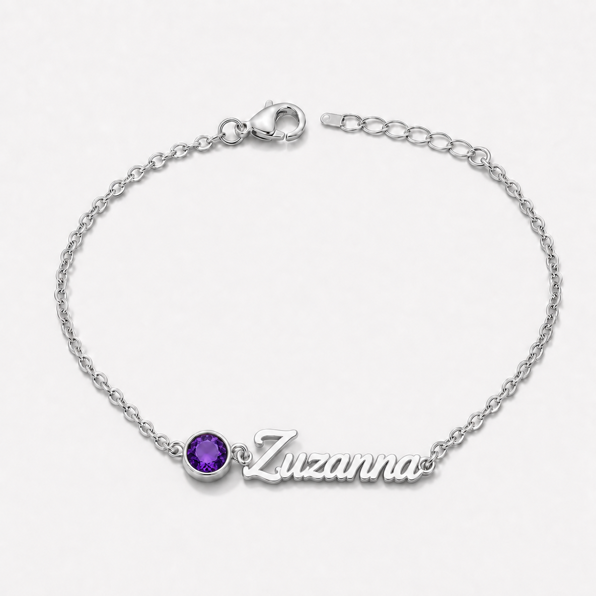 Bransoletka z imieniem i kamieniem urodzeniowym — Luty — Ametyst — srebrna