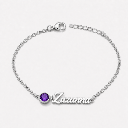 Bransoletka z imieniem i kamieniem urodzeniowym — Luty — Ametyst — srebrna