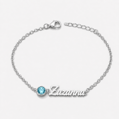 Bransoletka z imieniem i kamieniem urodzeniowym — Marzec — Akwamaryn — srebrna