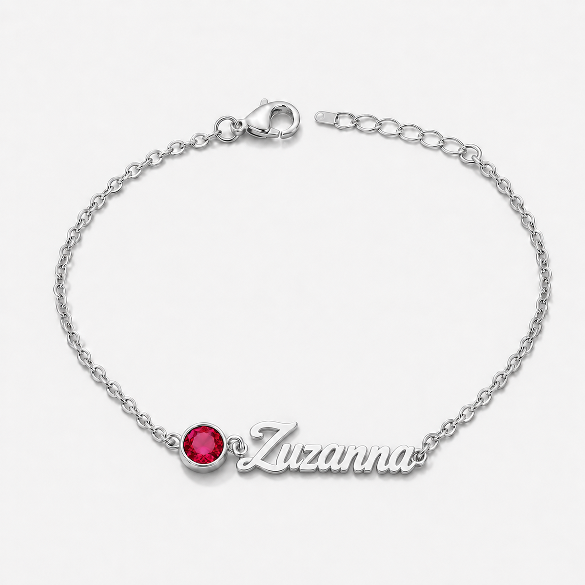 Bransoletka z imieniem i kamieniem urodzeniowym — Lipiec — Rubin — srebrna