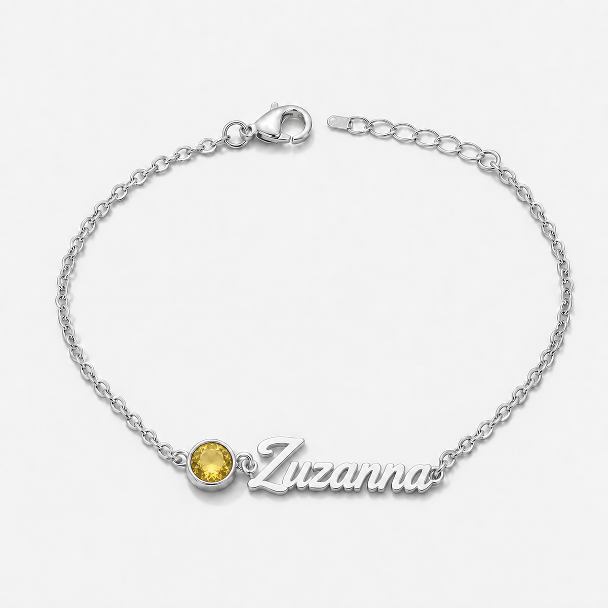Bransoletka z imieniem i kamieniem urodzeniowym — Listopad — Żółty topaz — srebrna