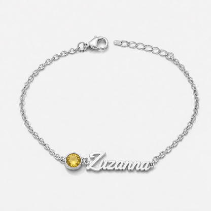 Bransoletka z imieniem i kamieniem urodzeniowym — Listopad — Żółty topaz — srebrna