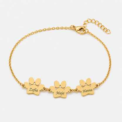 Złota personalizowana bransoletka z łapkami i imionami — 3 łapki — imiona Luna, Nina i Toby